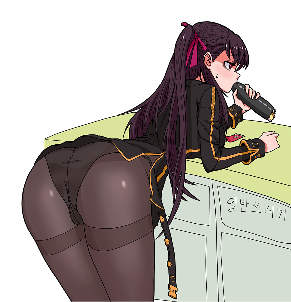 1girl ass blush breasts cameltoe dress from_behind girls_frontline hair_ribbon jagd large_breasts leaning leaning_forward long_hair military military_uniform panties panties_under_pantyhose pantyhose purple_hair red_eyes ribbon shiny shiny_clothes shiny_hair sideboob solo sweat underwear uniform very_long_hair wa2000_(girls_frontline)