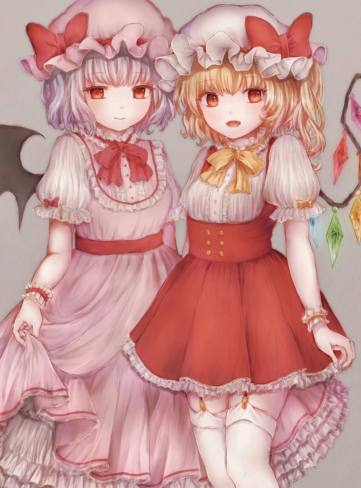 :d adapted_costume bat_wings bebitera blonde_hair bow center_frills closed_mouth crystal dress eyebrows_visible_through_hair fangs flandre_scarlet frilled_sleeves frills garter_straps grey_background hat hat_ribbon highres lavender_hair long_dress looking_at_viewer mob_cap multiple_girls neck_ribbon one_side_up open_mouth petticoat pinafore_dress pink_dress puffy_short_sleeves puffy_sleeves red_bow red_dress red_eyes red_neckwear red_ribbon remilia_scarlet ribbon short_dress short_hair short_sleeves siblings simple_background sisters skirt_hold smile standing thighhighs touhou underbust white_legwear wings wrist_cuffs yellow_neckwear