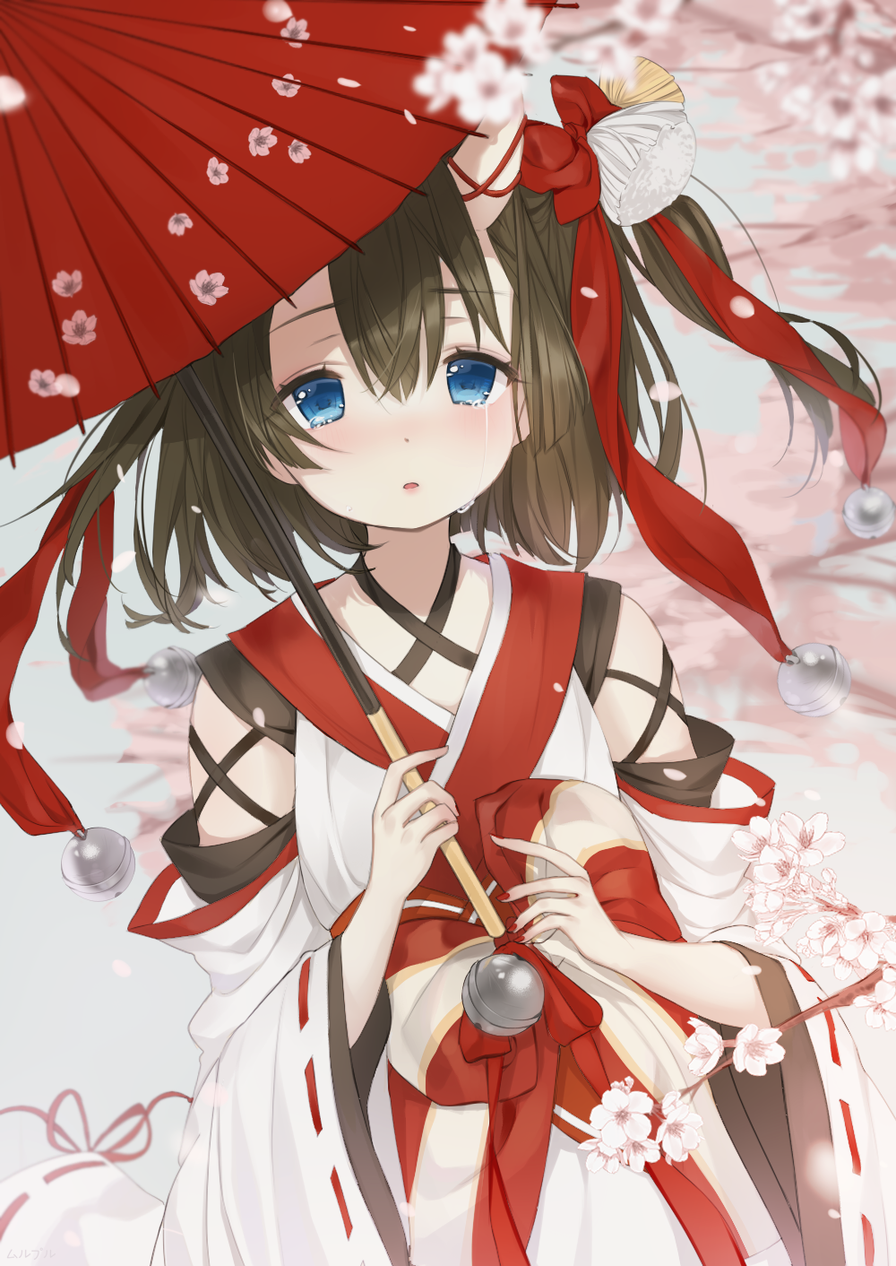 bangs bell blue_eyes blue_sky blurry blurry_foreground blush bow brown_hair cherry_blossoms commentary_request crying crying_with_eyes_open day depth_of_field eyebrows_visible_through_hair fingernails flower hair_between_eyes hair_bow hair_ornament highres holding holding_umbrella horns japanese_clothes jingle_bell kimono long_sleeves looking_at_viewer mullpull nail_polish one_side_up oni oni_horns oriental_umbrella original outdoors parted_lips pink_flower red_bow red_nails red_ribbon red_umbrella ribbon ribbon-trimmed_sleeves ribbon_trim short_hair sky solo tears tree_branch umbrella white_kimono wide_sleeves