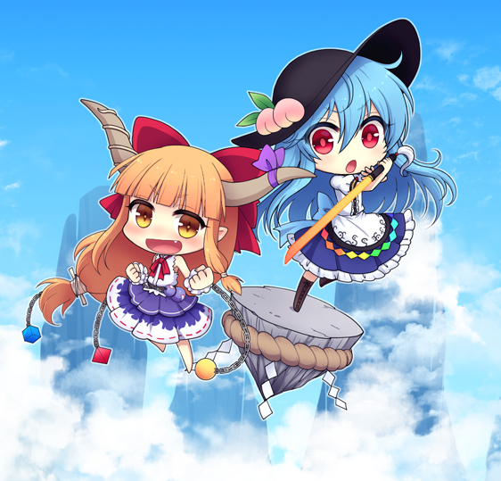 :d :o album_cover bangs barefoot black_hat blue_hair blue_skirt blue_sky blunt_bangs boots bow chain chibi clenched_hands cloud cover cube day fang food fruit gourd hair_bow hat hinanawi_tenshi holding holding_sword holding_weapon horn_ribbon horns ibuki_suika keystone long_hair low-tied_long_hair miruki multiple_girls oni open_mouth orange_hair peach puffy_short_sleeves puffy_sleeves purple_skirt pyramid_(geometry) red_bow red_eyes ribbon rope shide shimenawa shirt short_sleeves sidelocks skirt sky sleeveless sleeveless_shirt smile sphere sword sword_of_hisou touhou very_long_hair weapon white_shirt wrist_cuffs