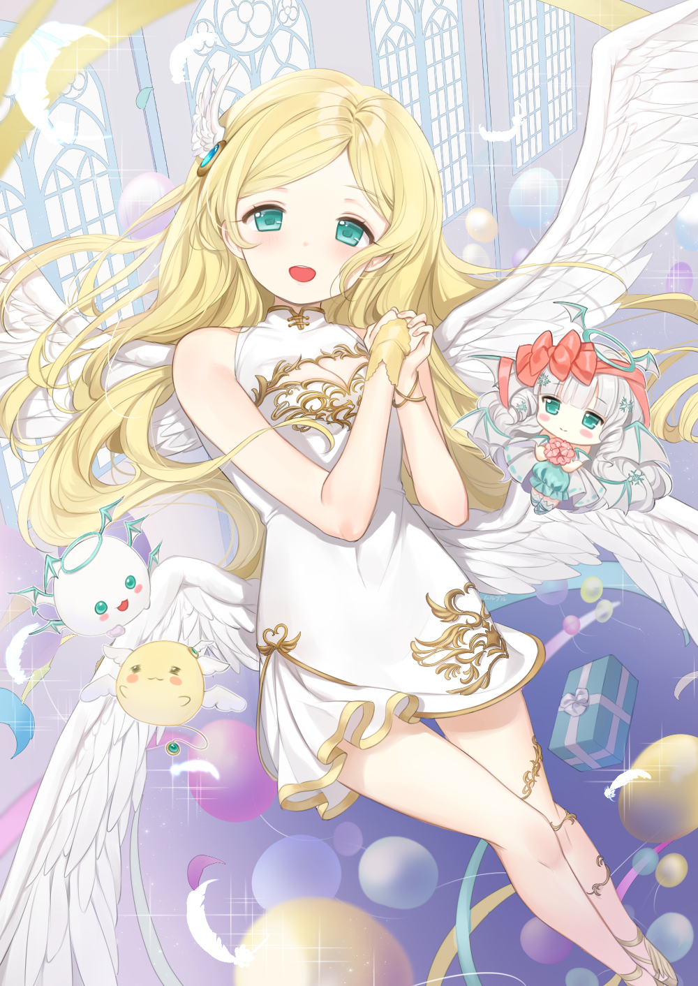 :d bangs bare_shoulders blonde_hair blunt_bangs blush blush_stickers box breasts cape chibi cleavage cleavage_cutout commission demon_wings dress eyebrows_visible_through_hair feathered_wings feathers fingernails gift gift_box green_dress green_eyes grey_hair hair_ornament halo hands_up head_tilt head_wings highres mullpull multiple_girls multiple_wings open_mouth original own_hands_together parted_bangs round_teeth short_dress single_bridal_gauntlet sleeveless sleeveless_dress small_breasts smile teeth thighhighs upper_teeth white_cape white_dress white_feathers white_legwear white_wings window wings