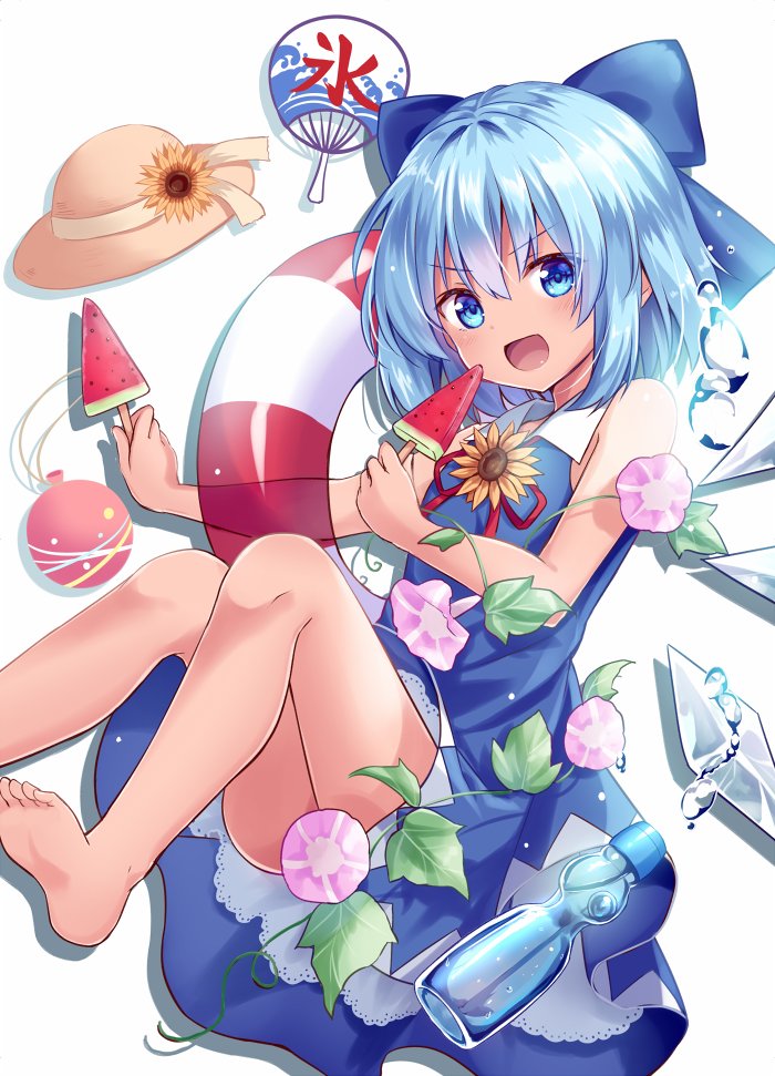 :d bare_arms bare_legs barefoot blue_bow blue_dress blue_eyes blue_hair blush bottle bow cirno commentary_request dress eyebrows_visible_through_hair fan feet_out_of_frame flower food hair_bow hat hat_removed headwear_removed holding holding_food ice ice_wings innertube knees_up kooribata kure~pu looking_at_viewer morning_glory neck_ribbon open_mouth paper_fan popsicle ramune red_ribbon ribbon short_hair simple_background sleeveless sleeveless_dress smile soles solo straw_hat sun_hat sunflower tan tanned_cirno touhou uchiwa v-shaped_eyebrows water_drop water_yoyo watermelon_bar white_background wing_collar wings