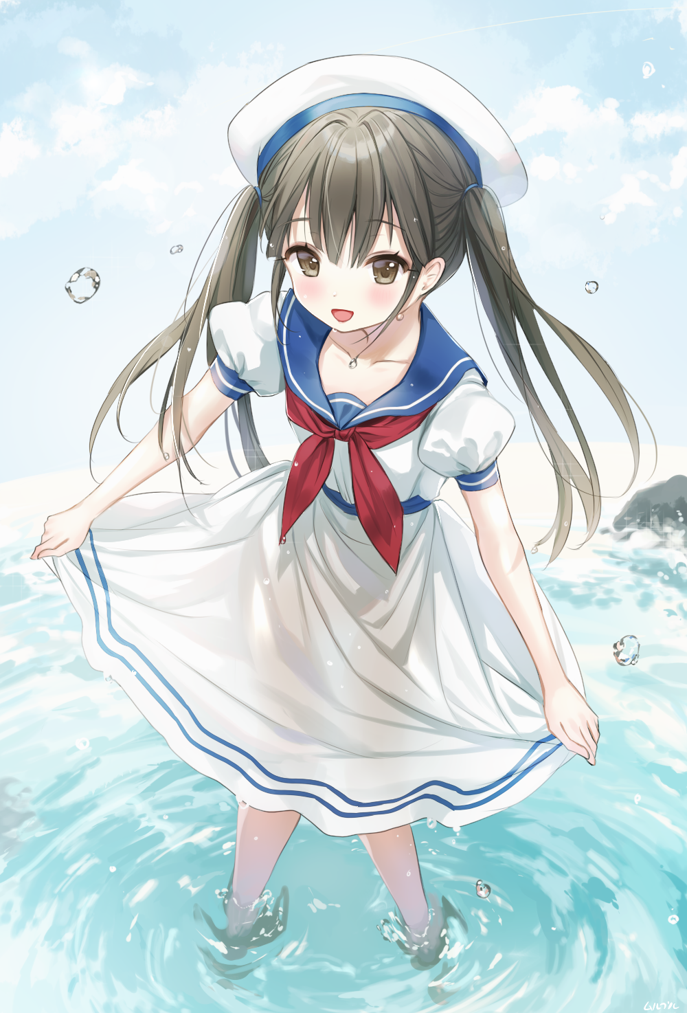:d bangs beret blue_sailor_collar blue_sky blush brown_eyes brown_hair cloud cloudy_sky collarbone commentary_request day dress eyebrows_visible_through_hair hair_between_eyes hat highres horizon leaning_forward long_hair looking_at_viewer mullpull neckerchief ocean open_mouth original outdoors puffy_short_sleeves puffy_sleeves red_neckwear sailor_collar sailor_dress see-through_silhouette short_sleeves sidelocks sky smile solo standing twintails very_long_hair wading water water_drop wet wet_clothes wet_dress white_dress white_hat