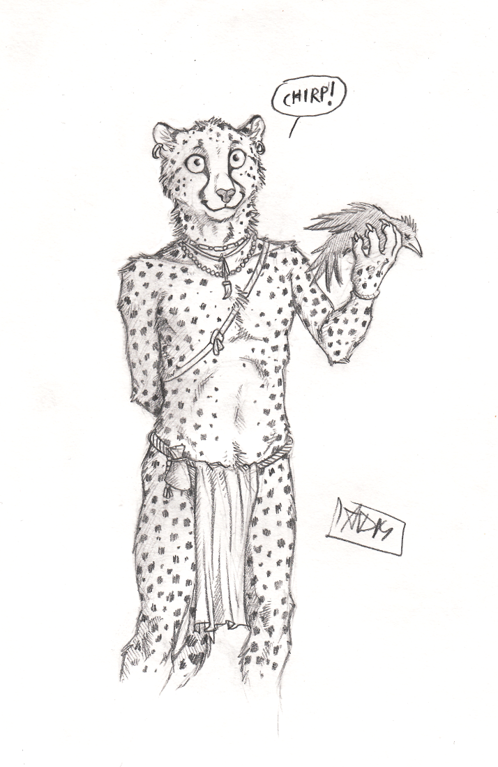0laffson 2017 anthro avian bird cheetah clothed clothing duo ear_piercing feline feral fur loincloth mammal piercing simple_background smile spots spotted_fur traditional_media_(artwork) white_background