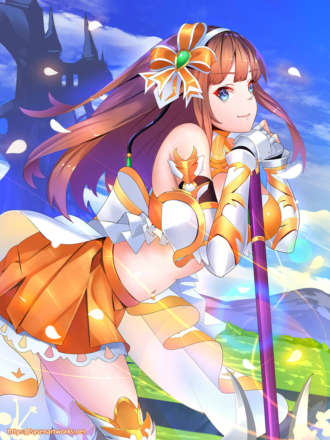 bent_over blue_eyes bow breasts brown_hair day dragalia_lost eyebrows_visible_through_hair fingerless_gloves gauntlets gloves gorget hair_bow hairband highres julietta_(dragalia_lost) large_breasts long_hair midriff navel orange_skirt outdoors pauldrons petals planted_weapon pleated_skirt skirt smile solo sysen thighhighs weapon