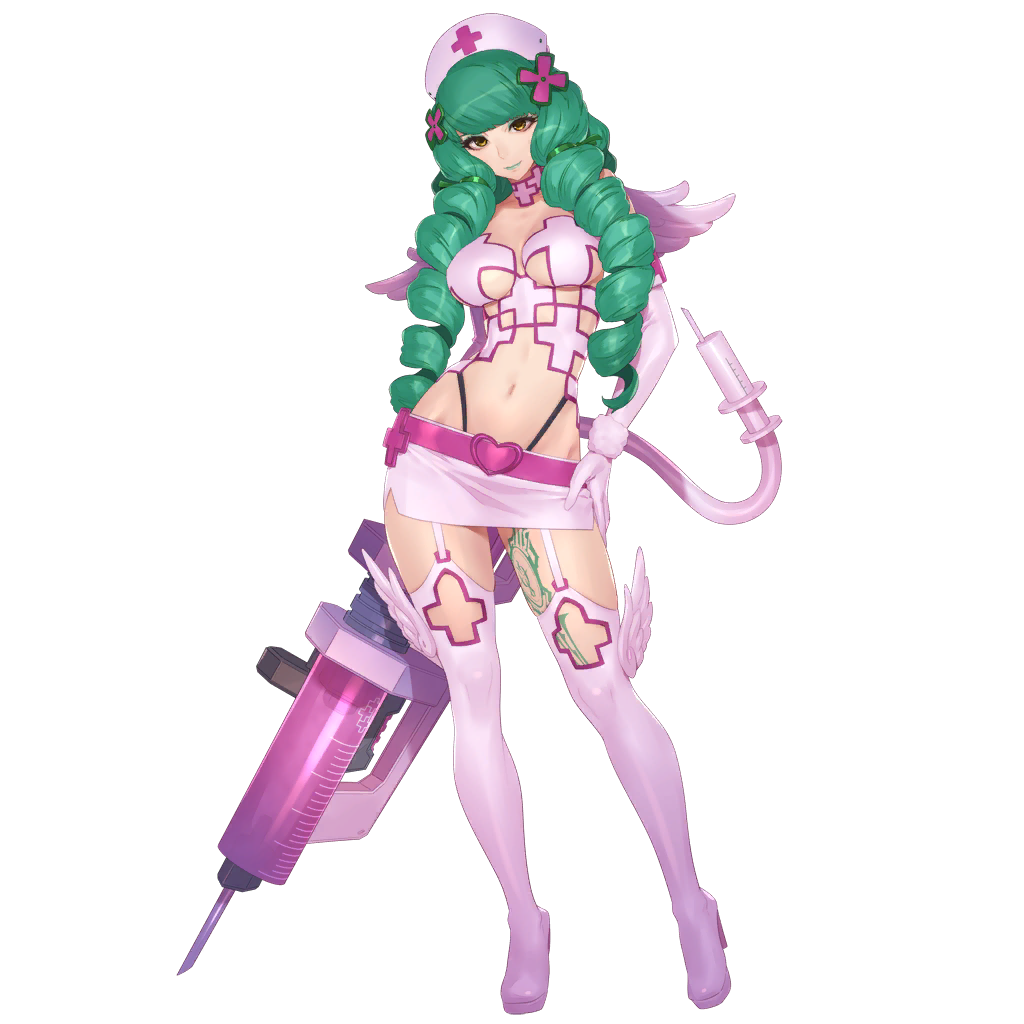 1girl alternate_costume argyle_cutout belt boots breasts cap cleavage cross curly_hair drill_hair elbow_gloves fake_tail female fiore_brunelli full_body garter_straps gloves green_hair green_lips hair_ornament hand_on_hip hat heart high_heels holding holding_weapon large_breasts leg_tattoo legwear leotard lipstick long_hair looking_at_viewer makeup midriff miniskirt navel needle nurse nurse_cap official_art pink_gloves pink_legwear revealing_clothes simple_background skirt solo square_enix standing star_ocean star_ocean_anamnesis star_ocean_integrity_and_faithlessness tail tattoo thigh_boots thigh_tattoo thighhighs thong thong_leotard transparent_background twin_drills twintails very_long_hair weapon wings yellow_eyes