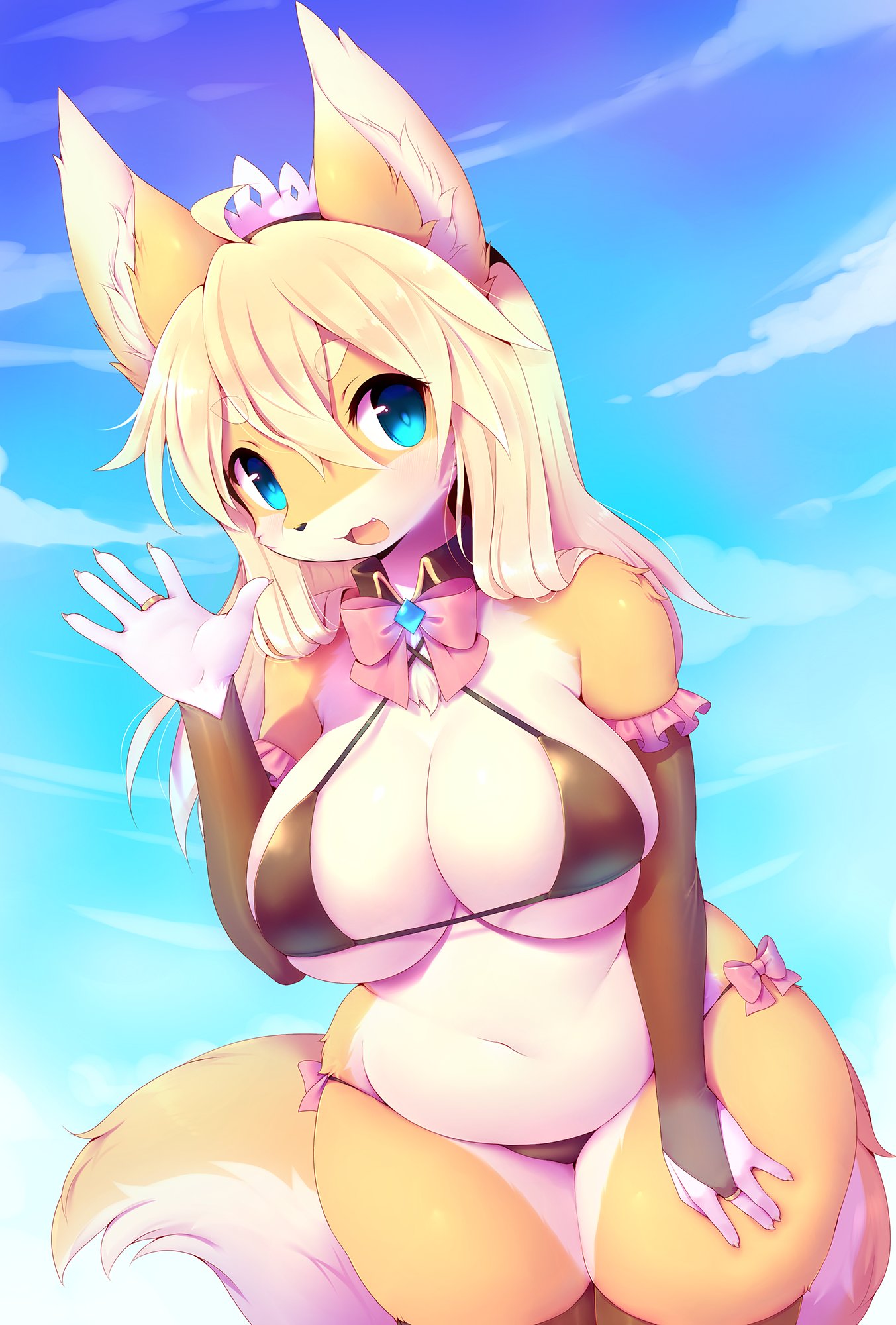 2018 5_fingers ahoge anthro big_breasts bikini black_nose blonde_hair blue_eyes blue_sky breasts canine clothing countershading crunchobar female fingerless_gloves fox front_view fur gloves hair hi_res inner_ear_fluff legwear looking_at_viewer mammal multicolored_fur navel orange_fur outside portrait ribbons sky slightly_chubby solo stockings swimsuit thick_thighs three-quarter_portrait two_tone_fur white_fur