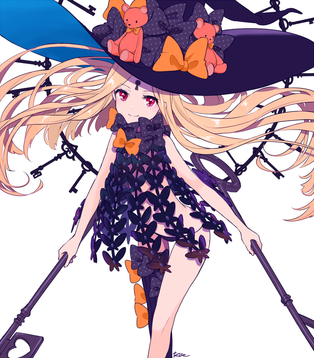 abigail_williams_(fate/grand_order) asymmetrical_legwear bangs black_bow black_hat black_legwear black_panties blonde_hair bow closed_mouth commentary_request eyebrows_visible_through_hair fate/grand_order fate_(series) feet_out_of_frame hat hat_bow head_tilt highres holding holding_key key keyhole kise_(swimmt) long_hair orange_bow oversized_object panties parted_bangs red_eyes revealing_clothes signature simple_background single_thighhigh smile solo stuffed_animal stuffed_toy teddy_bear thighhighs topless underwear very_long_hair white_background witch_hat