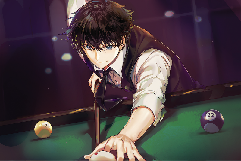 between_fingers billiards black_hair black_jacket black_neckwear blue_eyes cue_ball cue_stick hair_between_eyes holding indoors jacket joypyonn kuroba_kaito leaning_forward magic_kaito male_focus necktie pool_table shirt short_hair sleeveless_jacket smile solo upper_body white_shirt