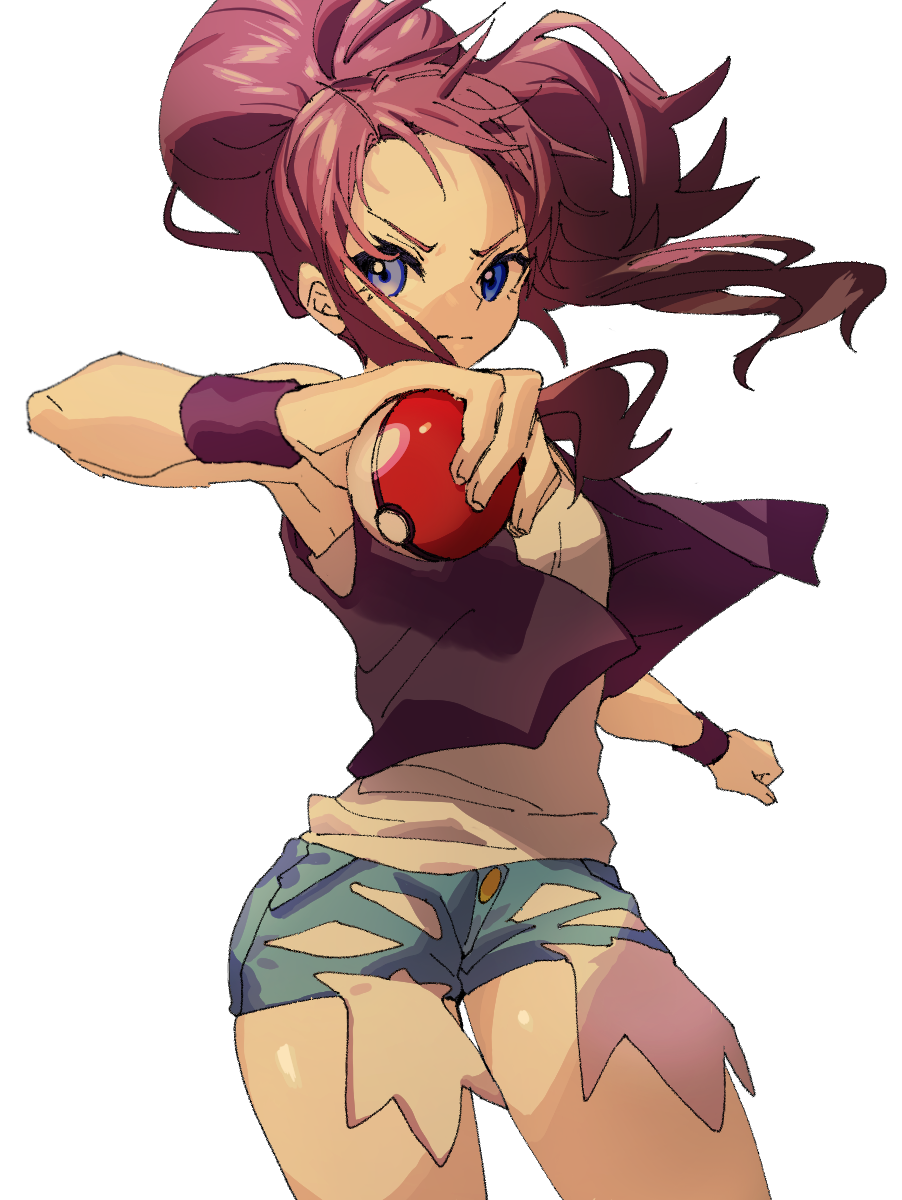 ankea_(a-ramo-do) armpits bare_arms bare_shoulders black_vest blue_eyes brown_hair clenched_hand closed_mouth cowboy_shot denim denim_shorts exposed_pocket floating_hair hands_up high_ponytail highres holding holding_poke_ball long_hair looking_at_viewer no_hat no_headwear open_clothes open_vest outstretched_arm poke_ball poke_ball_(generic) pokemon pokemon_(game) pokemon_bw ponytail serious shirt shorts sidelocks simple_background sleeveless sleeveless_shirt solo standing touko_(pokemon) v-shaped_eyebrows vest white_background white_shirt wristband