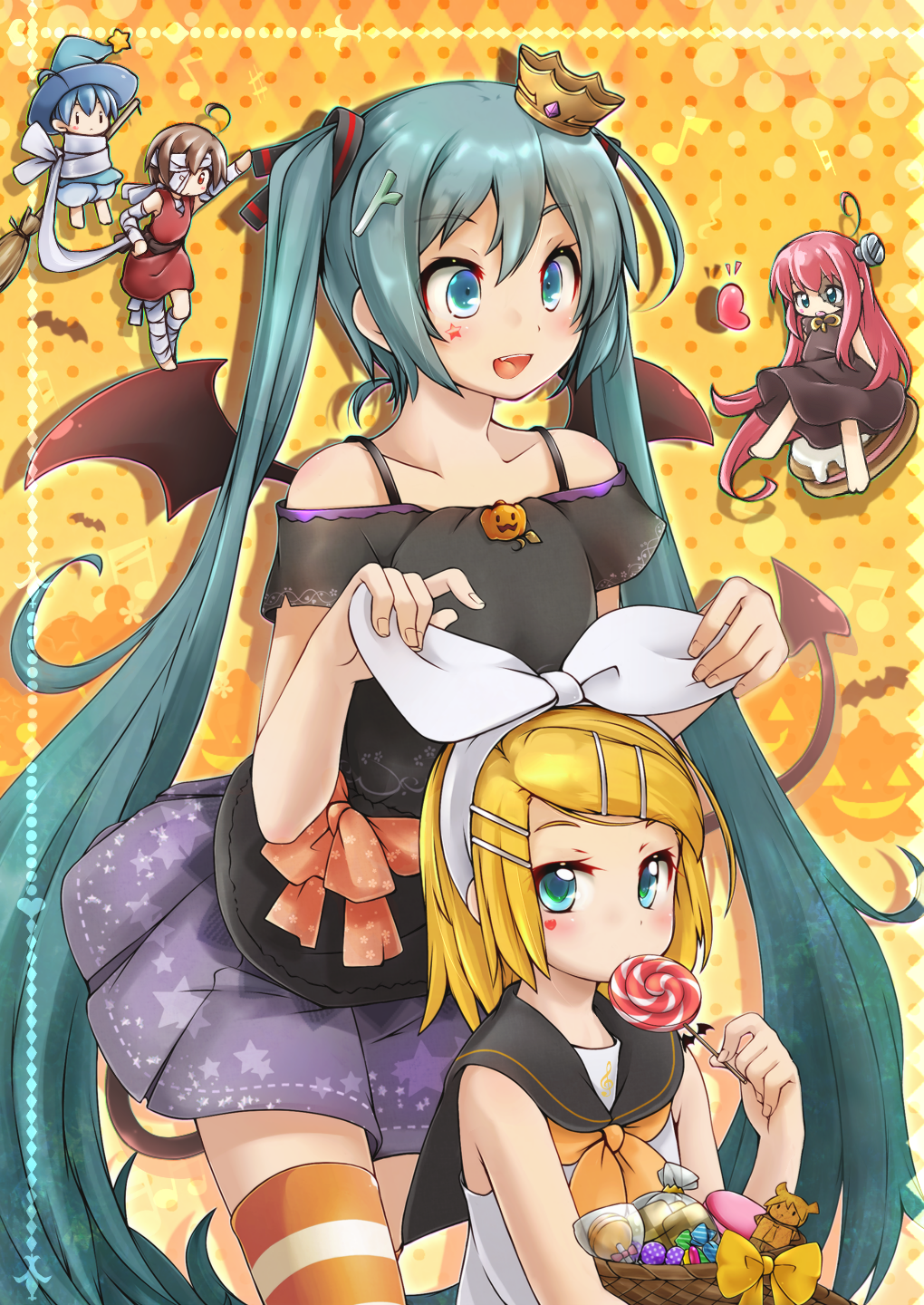4girls akino_coto aqua_eyes aqua_hair bandages blonde_hair blue_eyes blue_hair blush bow broom brown_hair candy closed_mouth crown demon_tail demon_wings eyebrows_visible_through_hair facial_mark food food_themed_hair_ornament hair_bow hair_ornament hair_ribbon hairclip halloween halloween_costume hat hatsune_miku highres kagamine_rin kaito lollipop long_hair looking_at_another looking_back megurine_luka meiko mini_crown miniboy minigirl multiple_girls open_mouth pink_hair pleated_skirt red_eyes ribbon sailor_collar short_hair skirt spring_onion_hair_ornament standing stitches striped striped_legwear tail thighhighs twintails very_long_hair vocaloid wings witch_hat