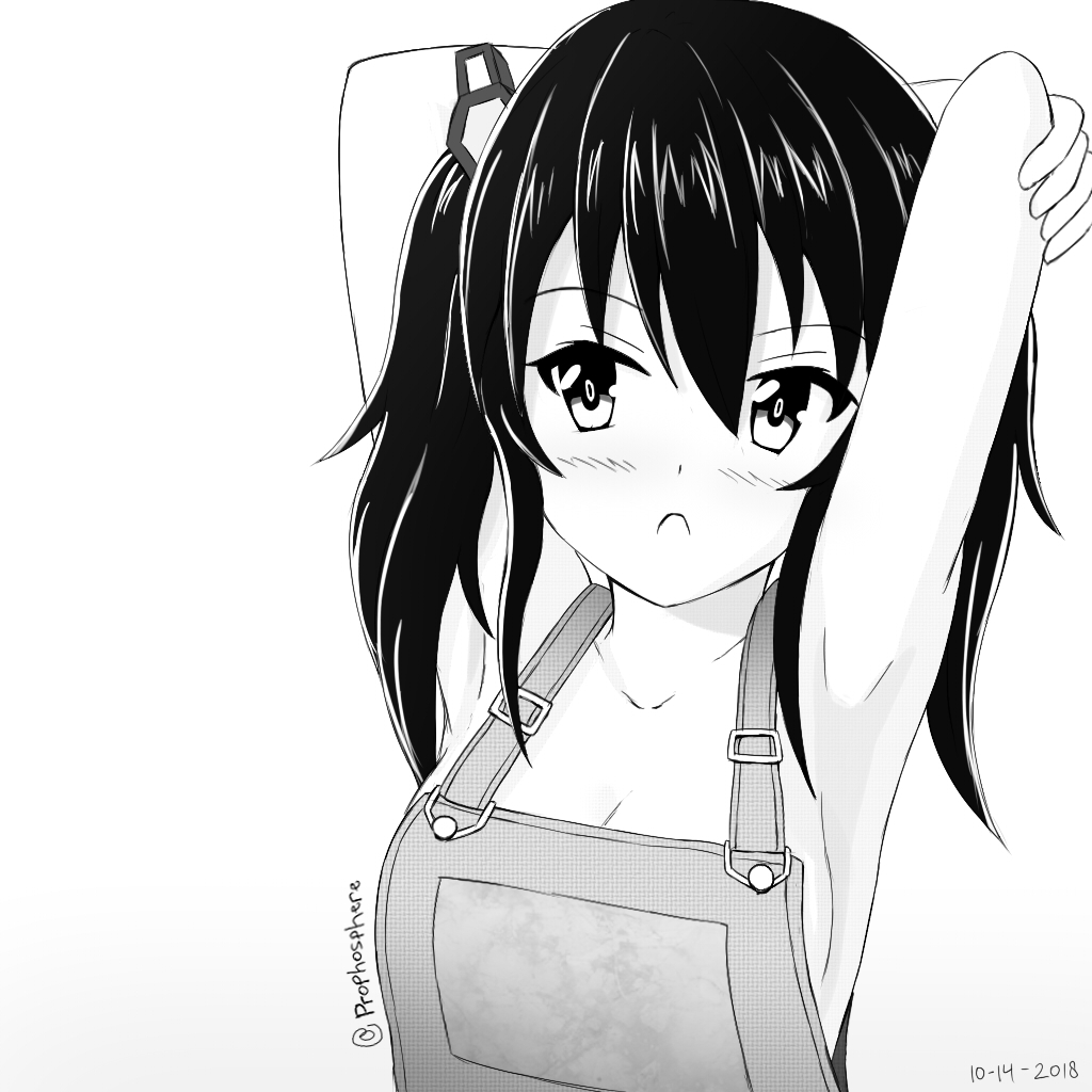 arlly_radithia armpits arms_up bangs bare_arms bare_shoulders blush breasts cleavage collarbone dated frown gradient gradient_background grey_background greyscale hair_between_eyes hair_ornament long_hair looking_at_viewer monochrome original overalls small_breasts solo twitter_username upper_body white_background