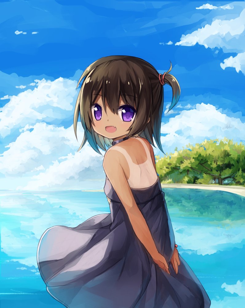 :d arms_behind_back bangs bare_arms bare_shoulders beach black_dress blue_sky brown_hair cloud cloudy_sky commentary_request day dress eyebrows_visible_through_hair fang hair_between_eyes horizon looking_at_viewer looking_to_the_side ocean one-piece_tan one_side_up open_mouth original outdoors purple_eyes reflection sand sky sleeveless sleeveless_dress smile solo standing tan tanline tree water yuuhagi_(amaretto-no-natsu)