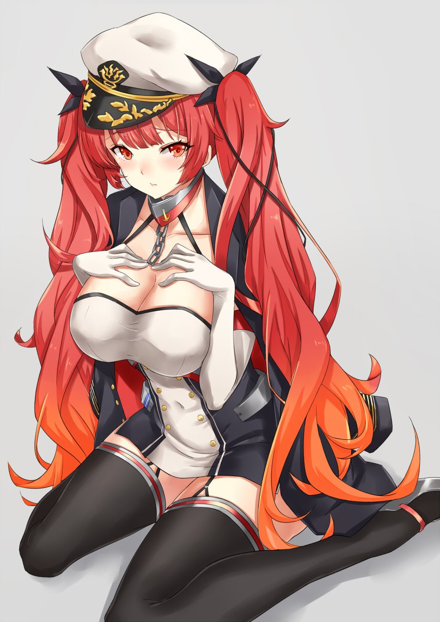 asya azur_lane bangs black_legwear black_ribbon blush breast_suppress breasts buttons cleavage closed_mouth collarbone commentary_request dress elbow_gloves eyebrows_visible_through_hair frown garter_straps gloves hair_ribbon hat highres honolulu_(azur_lane) jacket_on_shoulders large_breasts long_hair looking_at_viewer peaked_cap red_eyes red_hair ribbon rudder_shoes short_dress side_slit sidelocks sitting skindentation solo thighhighs thighs twintails wariza white_gloves