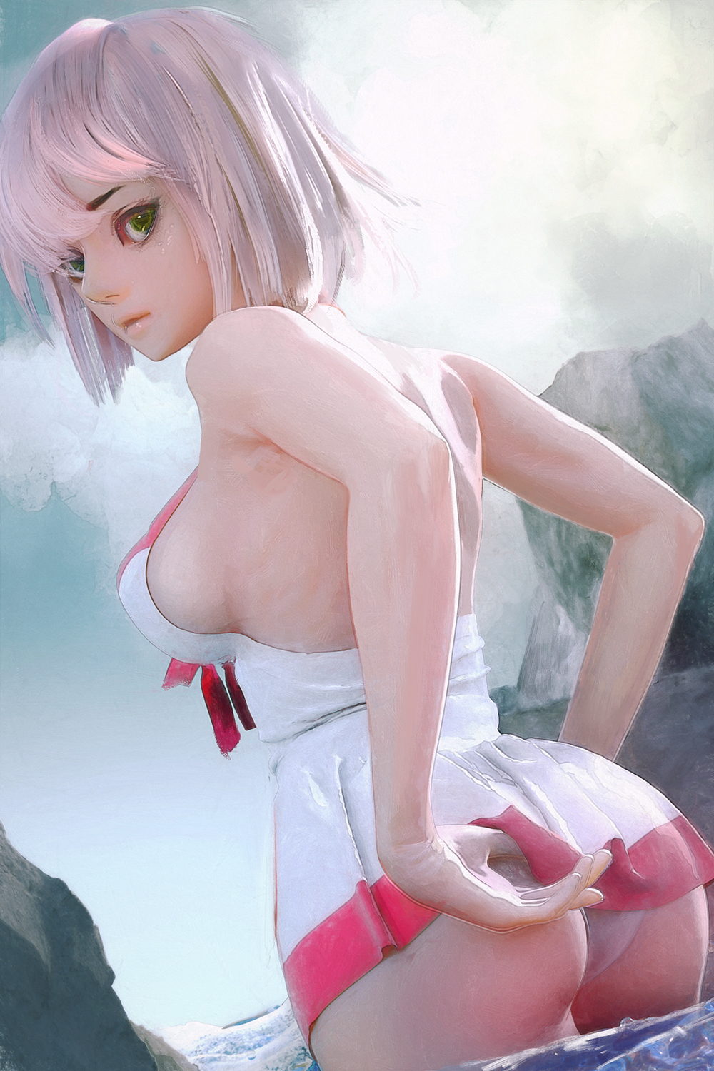 adjusting_clothes adjusting_swimsuit ass bare_shoulders beach bow bow_swimsuit breasts cleavage cloud commentary day dress dress_lift dress_swimsuit fate/grand_order fate_(series) green_eyes highres lavender_hair looking_at_viewer looking_back mash_kyrielight parted_lips realistic red_bow rock ryan_tien short_dress short_hair sideboob skirt solo swimsuit swimsuit_of_perpetual_summer wading water white_swimsuit