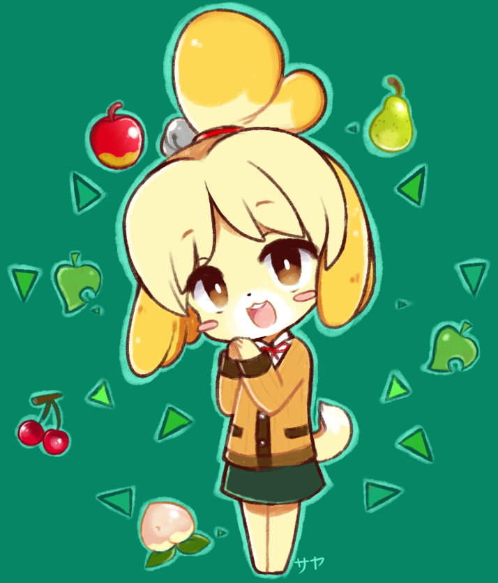 :3 animal_crossing apple barefoot bell blonde_hair blush blush_stickers brown_eyes canine cherry chibi clothing dog eyebrows_visible_through_hair female food fruit full_body fur green_background hair hands_together happy isabelle_(animal_crossing) jacket japanese_text jingle_bell leaf legs_together looking_at_viewer mammal miniskirt nintendo open_mouth peach_(fruit) pear ribbons sekihan shih_tzu short_hair simple_background skirt smile solo standing teeth text tied_hair topknot translation_request video_games yellow_fur