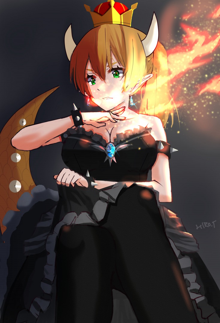 1girl bare_shoulders black_dress black_heels blonde_hair blue_eyes blush bowsette bracelet breasts cleavage collar crown dress earrings fire horns jewelry large_breasts lipstick long_hair looking_at_viewer makeup mario_(series) nail_polish new_super_mario_bros._u_deluxe nintendo open_mouth pointy_ears ponytail solo spiked_bracelet spiked_collar spikes super_crown super_mario_bros. thighhighs