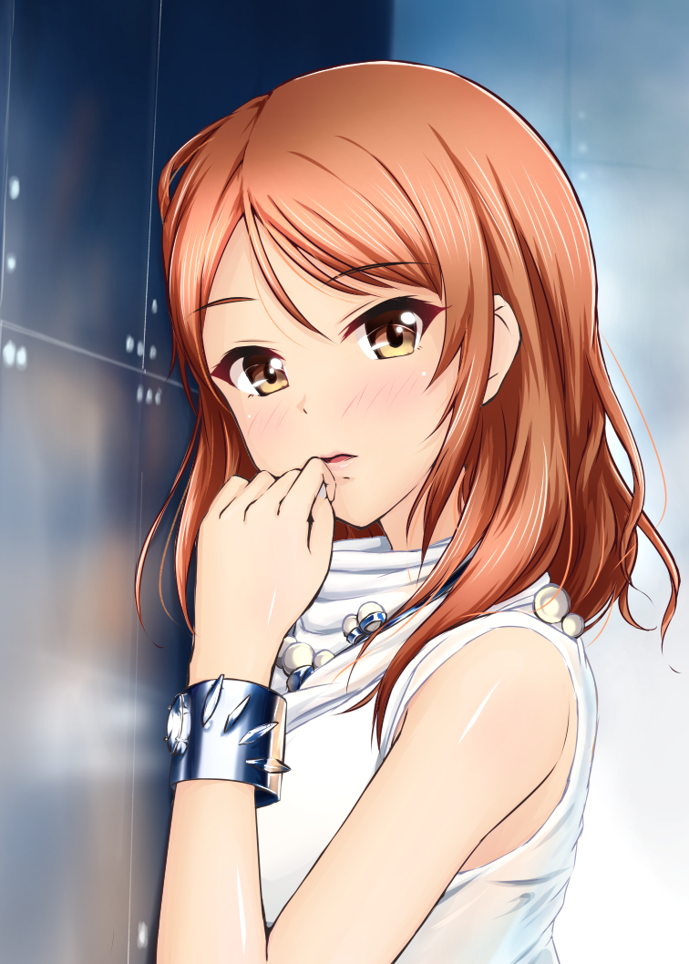 against_wall bangs blush bracelet brown_eyes commentary_request diesel-turbo dress eyebrows_visible_through_hair from_side fuchigami_mai hand_on_own_face hand_up houjou_karen idolmaster idolmaster_cinderella_girls jewelry long_hair looking_at_viewer looking_to_the_side orange_hair parted_lips photo-referenced pink_lips pom_pom_(clothes) reflection sleeveless sleeveless_dress sleeveless_turtleneck solo swept_bangs turtleneck turtleneck_dress upper_body white_dress