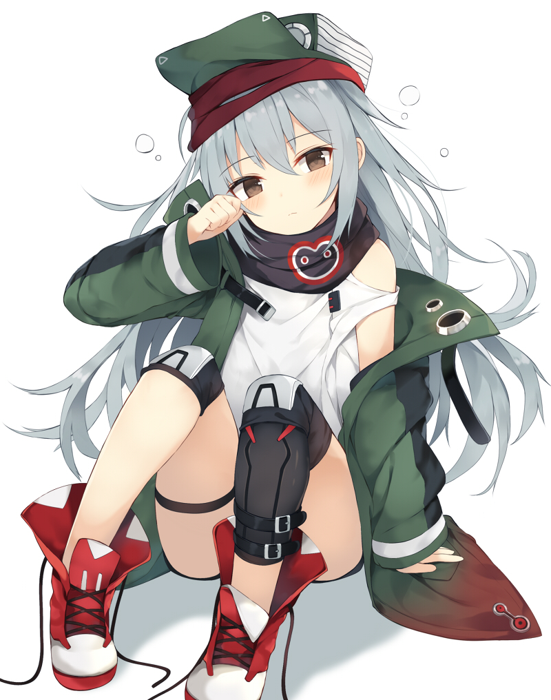 ankle_boots arm_up bare_shoulders black_legwear black_scarf black_shorts blush boots brown_eyes buckle closed_eyes coat commentary cross-laced_footwear drowsy eyebrows_visible_through_hair full_body g11_(girls_frontline) girls_frontline green_coat green_hat grey_hair hair_between_eyes hat head_tilt heart heart_print knee_pads knees_up long_hair long_sleeves nibiiro_shizuka off_shoulder open_clothes open_coat print_scarf red_footwear scarf shoes short_shorts shorts simple_background single_thighhigh sitting sleeves_past_wrists solo tank_top thighhighs untied_shoes very_long_hair white_background wiping_face