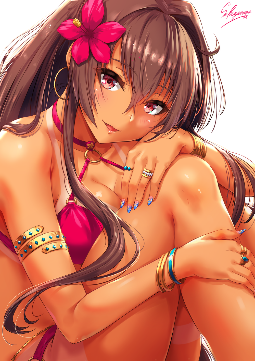 armlet artist_name bikini blue_nails blush bracelet breasts brown_hair cleavage collarbone criss-cross_halter earrings flower hair_between_eyes hair_flower hair_intakes hair_ornament halterneck hand_on_own_knee highres hoop_earrings jewelry kantai_collection knees_up large_breasts lips long_hair looking_at_viewer nail_polish o-ring o-ring_bikini open_mouth pink_bikini purple_eyes ring sakiyamama sidelocks simple_background smile solo swimsuit tan tanline thigh_strap very_long_hair white_background yamato_(kantai_collection)