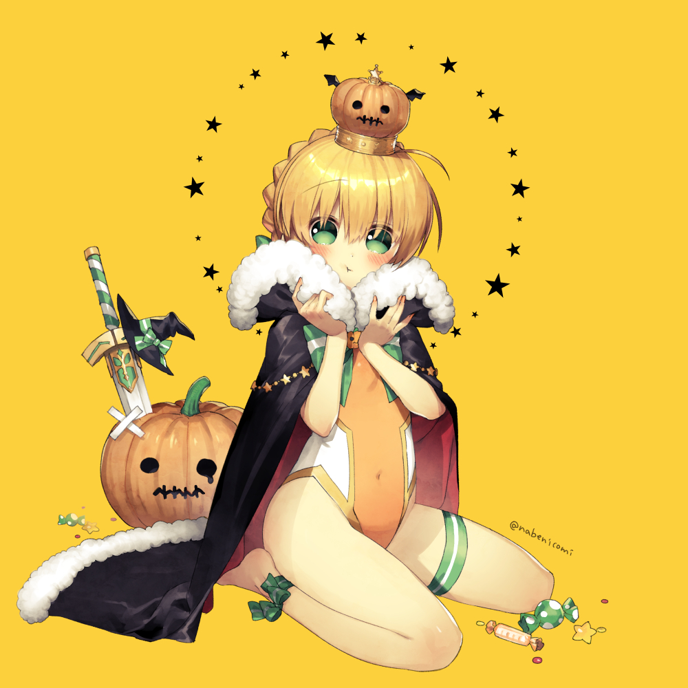 :t ahoge ankle_bow ankle_ribbon artoria_pendragon_(all) artoria_pendragon_(swimsuit_archer) barefoot black_cape black_hat blonde_hair blush bow braid candy cape character_request child closed_mouth commentary_request competition_swimsuit covered_navel crossed_bandaids crown fate/grand_order fate_(series) food full_body fur-trimmed_cape fur_trim green_bow green_eyes hands_up hat hat_bow looking_at_viewer nabenko one-piece_swimsuit orange_swimsuit planted_sword planted_weapon pout pumpkin ribbon short_hair simple_background sitting solo star swimsuit sword thigh_strap twitter_username wariza weapon witch_hat yellow_background younger