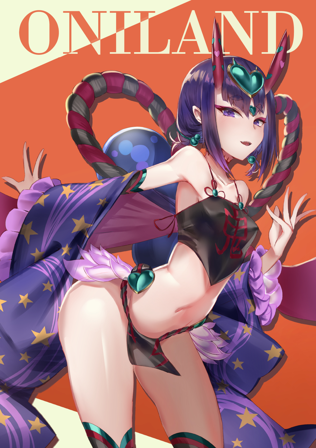 bangs bare_shoulders black_legwear blush breasts collarbone commentary_request dudou earrings eyeliner fate/grand_order fate_(series) forehead_jewel fundoshi headpiece heart highres hips japanese_clothes jewelry kakumayu looking_at_viewer low_twintails makeup navel oni oni_horns open_mouth pelvic_curtain purple_eyes purple_hair rope sash short_eyebrows short_hair short_twintails shuten_douji_(fate/grand_order) shuten_douji_(halloween)_(fate) small_breasts smile solo star star_print thighs twintails