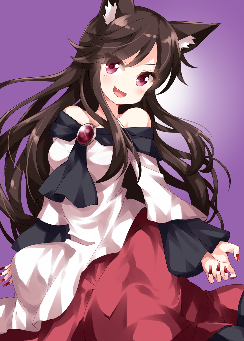 :d animal_ear_fluff animal_ears bangs bare_shoulders breasts brooch brown_hair collarbone commentary_request dress eyebrows_visible_through_hair eyes_visible_through_hair fang feet_out_of_frame gradient gradient_background head_tilt highres imaizumi_kagerou jewelry long_hair long_sleeves looking_at_viewer medium_breasts multicolored multicolored_clothes multicolored_dress nail_polish off-shoulder_dress off_shoulder open_mouth pink_eyes purple_background red_dress red_nails ruu_(tksymkw) sidelocks smile solo touhou v-shaped_eyebrows very_long_hair white_background white_dress wide_sleeves wolf_ears