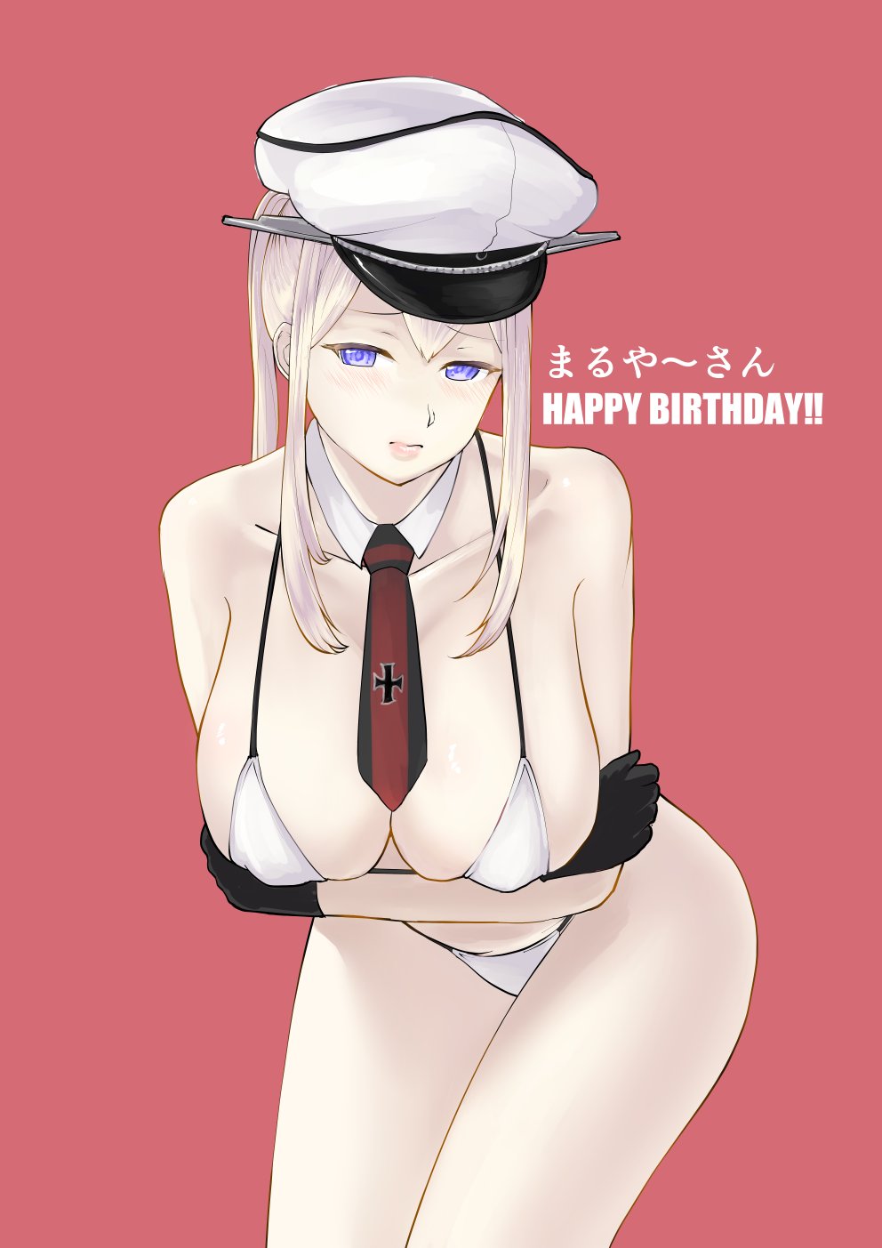 bangs bikini blonde_hair blue_eyes border breasts closed_mouth commentary_request cross detached_collar gloves graf_zeppelin_(kantai_collection) hair_between_eyes hat high_ponytail highres iron_cross kantai_collection large_breasts looking_at_viewer mrdotd necktie peaked_cap pink_background sidelocks solo swimsuit twintails white_border white_hat