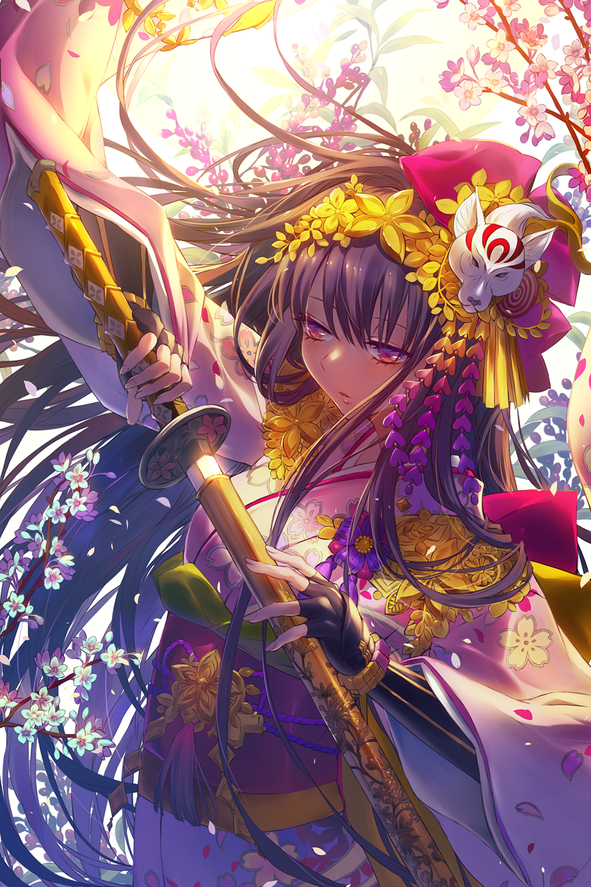 arm_up bangs character_request commentary_request destiny_child fingerless_gloves floral_print flower gauntlets gloves hair_ornament half-closed_eyes headdress highres japanese_clothes katana kimono leaf long_hair looking_to_the_side md5_mismatch obi open_mouth petals purple_eyes purple_hair sash sheath solo sword tassel tsukioka_tsukiho unsheathing very_long_hair weapon wide_sleeves wind wind_lift wolf