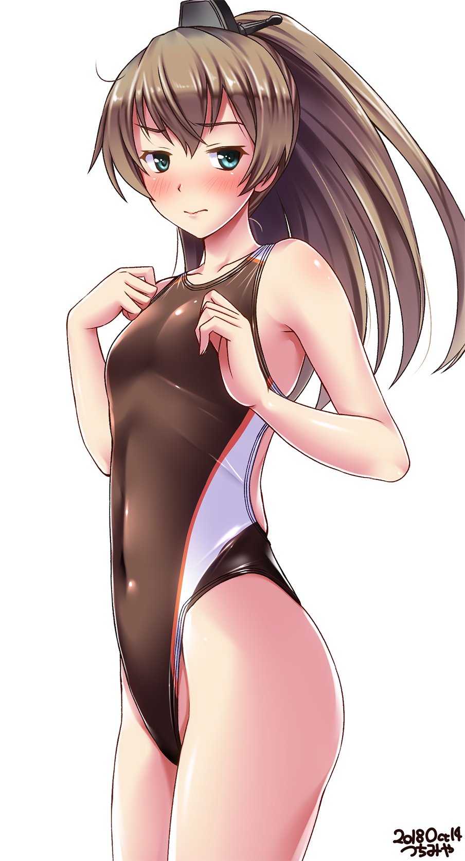artist_name blue_eyes brown_hair brown_swimsuit collarbone commentary_request competition_swimsuit cowboy_shot dated eyebrows_visible_through_hair flat_chest hair_between_eyes hair_ornament hairclip high_ponytail highres kantai_collection kumano_(kantai_collection) lips long_hair looking_at_viewer one-piece_swimsuit ponytail simple_background solo standing swimsuit tsuchimiya white_background