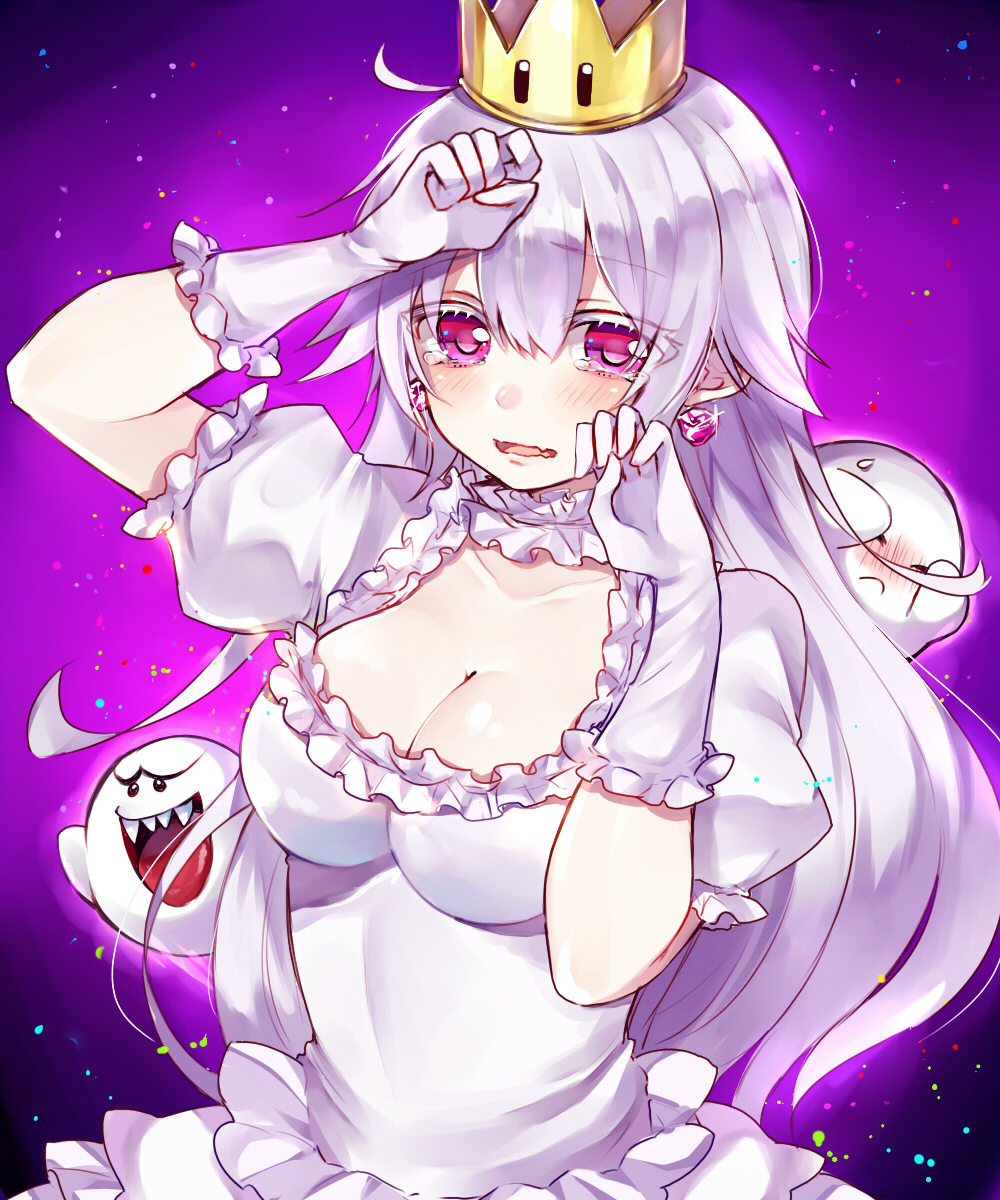 :d blush boo breasts choker cleavage commentary_request crown dress embarrassed fangs frilled_choker frilled_dress frills ghost gloves highres long_hair looking_at_viewer maria_(maria0304) mario_(series) new_super_mario_bros._u_deluxe open_mouth princess_king_boo purple_eyes silver_hair simple_background smile super_crown super_mario_bros. tears white_dress white_gloves white_skin