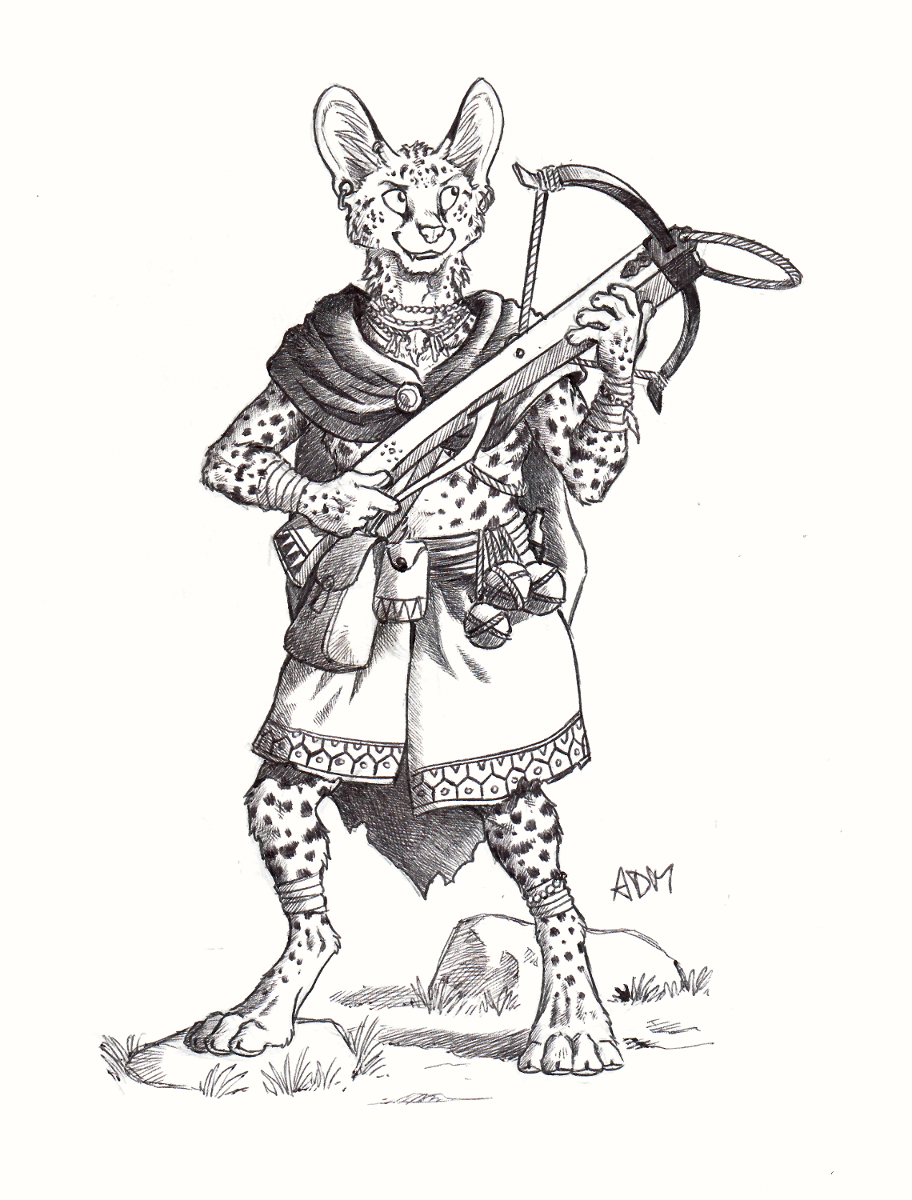 0laffson 2017 5_fingers clothed clothing feline female fur holding_object holding_weapon mammal serval sketch smile solo spots spotted_fur standing traditional_media_(artwork) weapon