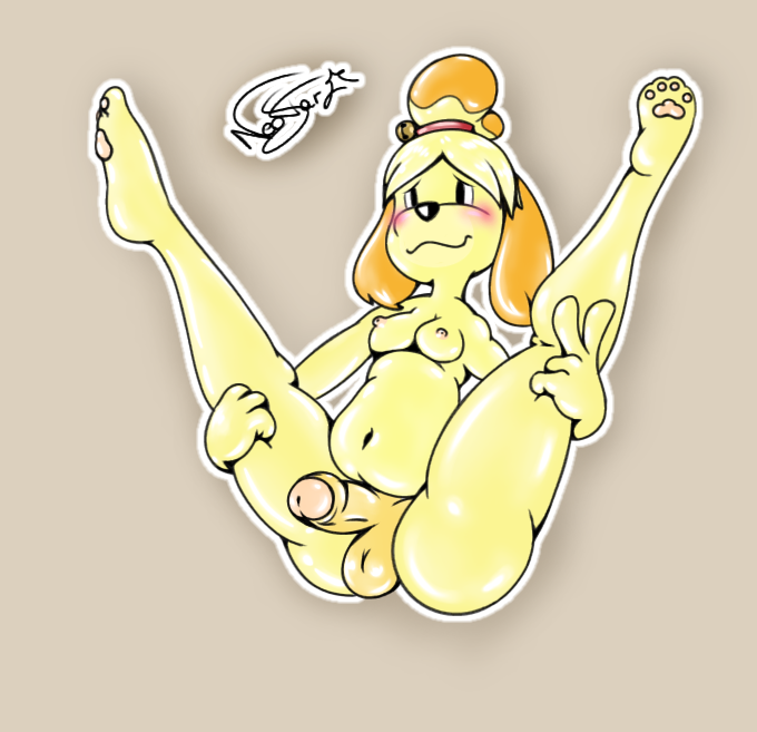 animal_crossing anthro balls belly breasts canine dickgirl dog intersex isabelle_(animal_crossing) mammal nintendo paws penis pornography slightly_chubby solo v_sign video_games xneostarx