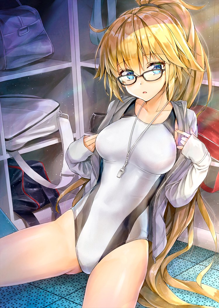 bag bangs blonde_hair blue_eyes collarbone competition_swimsuit fate/grand_order fate_(series) glasses hair_tie jacket jacket_on_shoulders jacket_over_swimsuit jeanne_d'arc_(fate)_(all) jeanne_d'arc_(swimsuit_archer) kotatsu_(kotatsu358) light_particles light_rays locker locker_room long_hair looking_at_viewer nail_polish one-piece_swimsuit open_mouth ponytail sitting sitting_on_floor swimsuit translation_request very_long_hair whistle white_swimsuit