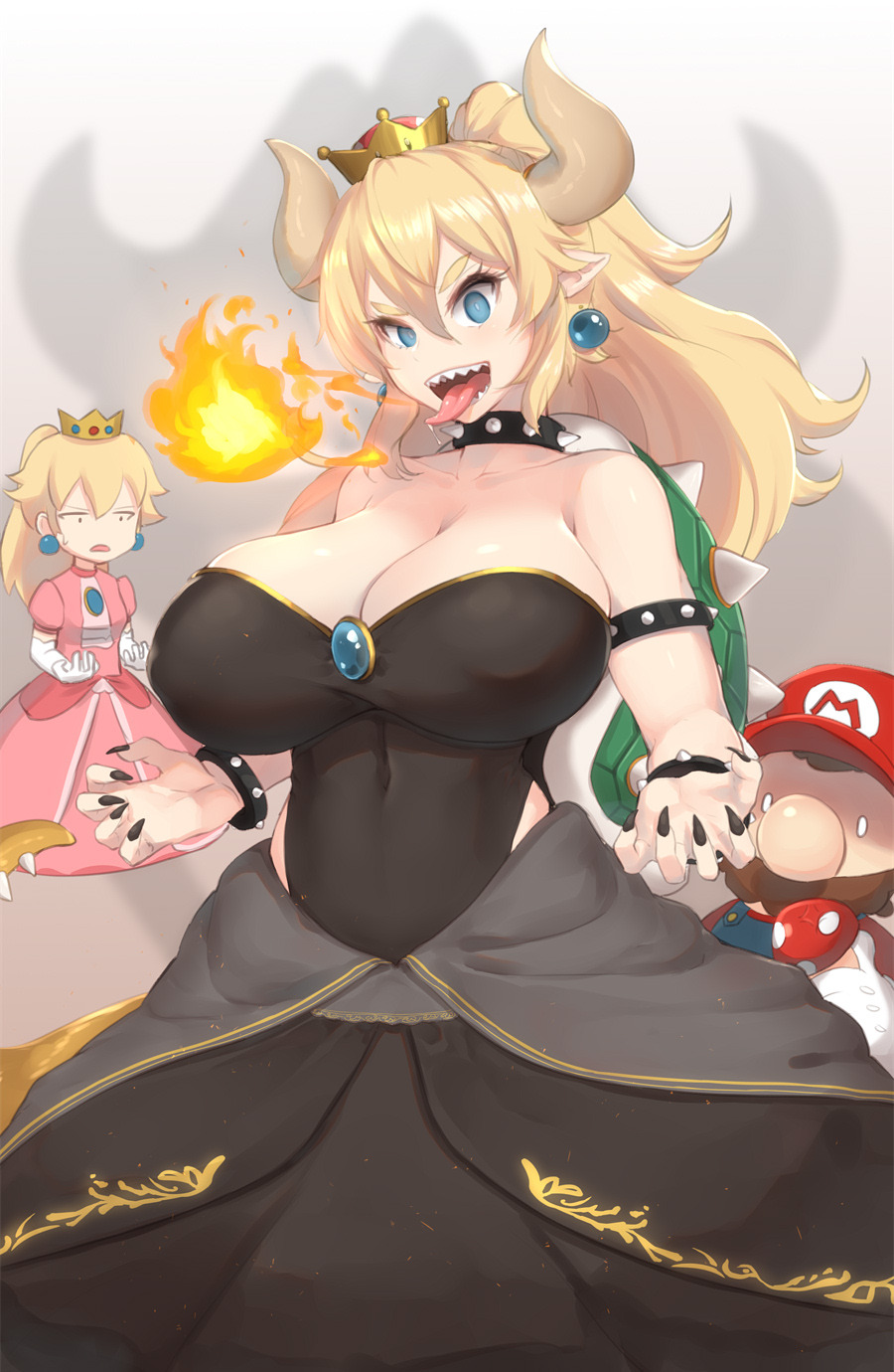 2girls bare_shoulders black_leotard black_nails black_skirt blue_earrings bowsette breast_envy breasts breathing_fire brooch choker commentary constricted_pupils covered_navel crown dress elbow_gloves english_commentary facial_hair fingernails fire gloves highleg highleg_leotard highres horns huge_breasts impossible_clothes impossible_leotard jewelry leotard leotard_under_clothes long_hair long_skirt magister_(medical_whiskey) mario mario_(series) multiple_girls mushroom mustache nail_polish new_super_mario_bros._u_deluxe pink_dress pointy_ears ponytail princess_peach saliva sharp_fingernails sharp_teeth skirt solo_focus spiked_armlet spiked_choker spiked_shell spiked_tail spikes strapless strapless_leotard super_crown super_mario_bros. tail teeth tongue tongue_out turtle_shell white_gloves