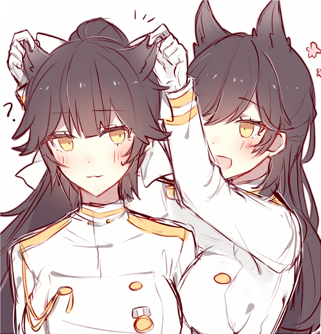 2girls adjusting_another's_hair animal_ears atago_(azur_lane) azur_lane bangs black_hair blunt_bangs blush bow closed_mouth double-breasted extra_ears eyebrows_visible_through_hair feet_out_of_frame fox_ears gloves hair_bow hair_flaps hairstyling jacket long_hair long_sleeves military military_uniform multiple_girls open_mouth ponytail shirt sidelocks standing swept_bangs takao_(azur_lane) uniform upper_body white_background white_bow white_gloves white_jacket white_shirt yellow_eyes