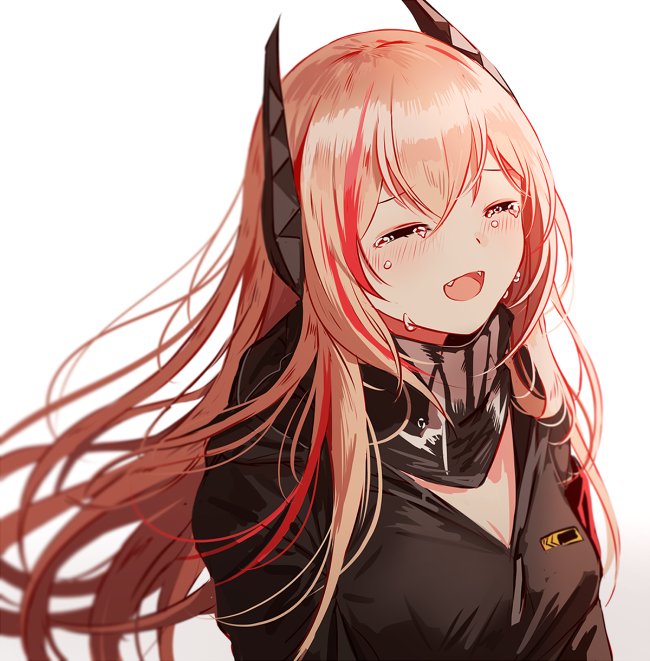 bangs black_jacket blush breasts closed_eyes commentary_request crying fangs girls_frontline hair_between_eyes happy_tears headgear jacket long_hair m4_sopmod_ii_(girls_frontline) medium_breasts multicolored_hair open_mouth pink_hair red_hair scarf silence_girl simple_background smile solo streaked_hair tears white_background