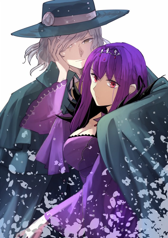1girl black_cloak breasts cleavage cloak dress edmond_dantes_(fate/grand_order) eyebrows_visible_through_hair fate/grand_order fate_(series) fedora fur_trim hair_between_eyes hair_over_one_eye hand_on_another's_face hat jewelry long_hair looking_at_viewer petals purple_dress purple_hair red_eyes scathach_(fate)_(all) scathach_skadi_(fate/grand_order) tiara tsengyun wavy_hair white_background white_hair yellow_eyes