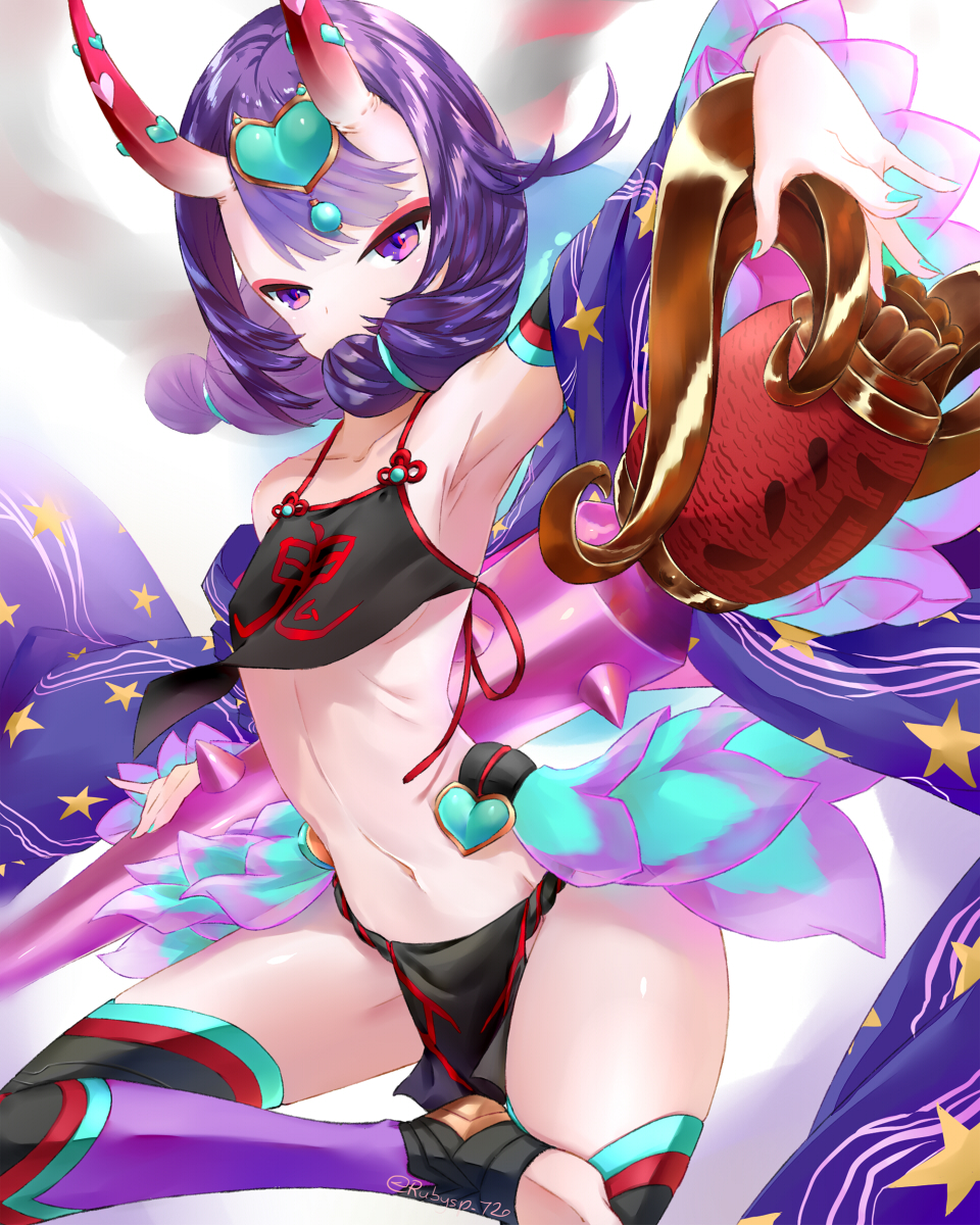 bangs bare_shoulders breasts club collarbone commentary_request covered_mouth detached_sleeves dudou eyeliner fate/grand_order fate_(series) forehead_jewel fundoshi headpiece highres hips horns japanese_clothes leg_up legs low_twintails makeup navel oni oni_horns pelvic_curtain purple_eyes purple_hair rope rubysp_720 sash short_eyebrows short_hair short_twintails shuten_douji_(fate/grand_order) shuten_douji_(halloween)_(fate) small_breasts solo spiked_club star star_print thighs toeless_legwear twintails weapon white_background