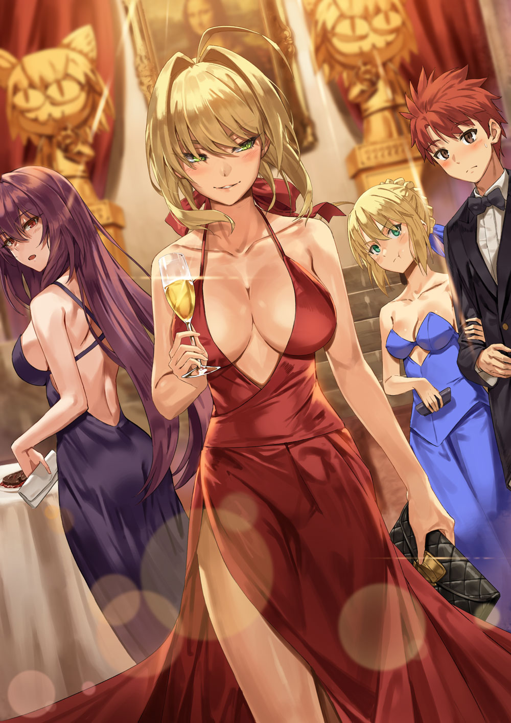 3girls :o :t ahoge alcohol aqua_eyes arm_at_side artoria_pendragon_(all) back backless_dress backless_outfit bag bare_arms bare_shoulders black_bow black_jacket black_neckwear blonde_hair blue_dress blue_ribbon blurry blurry_background blush bow bowtie breasts brown_eyes cake champagne champagne_flute cleavage closed_mouth collarbone commentary_request cup depth_of_field dress drinking_glass dutch_angle emiya_shirou evening_gown eyebrows_visible_through_hair fate_(series) feet_out_of_frame fine_art_parody food formal green_eyes hair_between_eyes hair_intakes hair_ribbon handbag highres holding holding_arm holding_bag holding_cup indoors jacket jealous large_breasts lens_flare looking_at_viewer looking_to_the_side medium_breasts mona_lisa multiple_girls nekoarc nero_claudius_(fate) nero_claudius_(fate)_(all) open_mouth painting_(object) parody parted_lips pelvic_curtain pink_lips pout purple_dress purple_hair rainmaker red_dress red_eyes red_hair red_ribbon ribbon saber scathach_(fate)_(all) scathach_(fate/grand_order) short_hair sideboob sidelocks sleeveless sleeveless_dress sparkle standing statue strapless strapless_dress suit sweat table thighs v-shaped_eyebrows