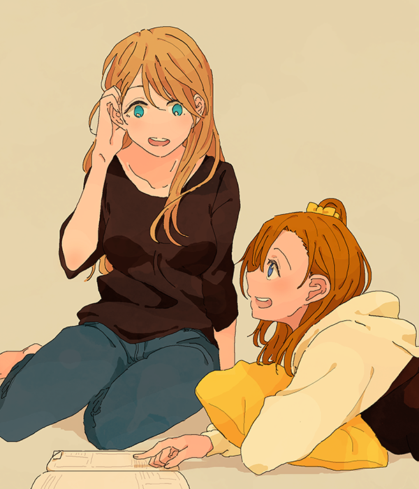 :d ayase_eli bangs barefoot black_shirt blonde_hair blue_eyes book bow collarbone cushion denim grey_background hair_bow hair_down hair_tucking jeans kousaka_honoka long_sleeves love_live! love_live!_school_idol_project lying multiple_girls on_stomach one_side_up open_book open_mouth orange_hair pants pointing shin9tani shirt simple_background sitting smile upper_teeth yellow_bow