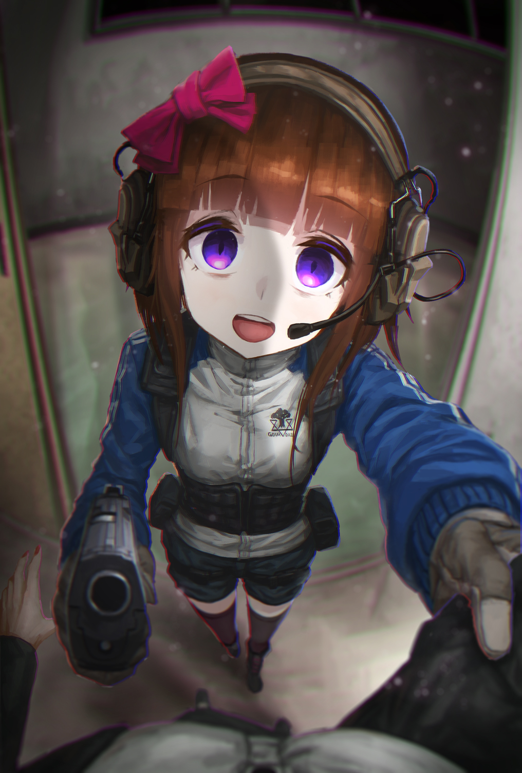 aiming_at_viewer at_gunpoint bangs belt black_jacket blunt_bangs bow brown_hair chromatic_aberration commentary empty_eyes eyebrows_visible_through_hair female_pov fisheye from_above gun hair_bow handgun headphones headset highres holding holding_gun holding_weapon imi_jericho indoors jacket long_hair long_sleeves looking_at_viewer multiple_girls nail_polish open_mouth original outstretched_arm pale_skin perspective pistol pov purple_eyes red_nails shirt_grab short_shorts shorts solo_focus standing striped_sleeves thigh_strap thighhighs tom-neko_(zamudo_akiyuki) track_jacket utility_belt weapon