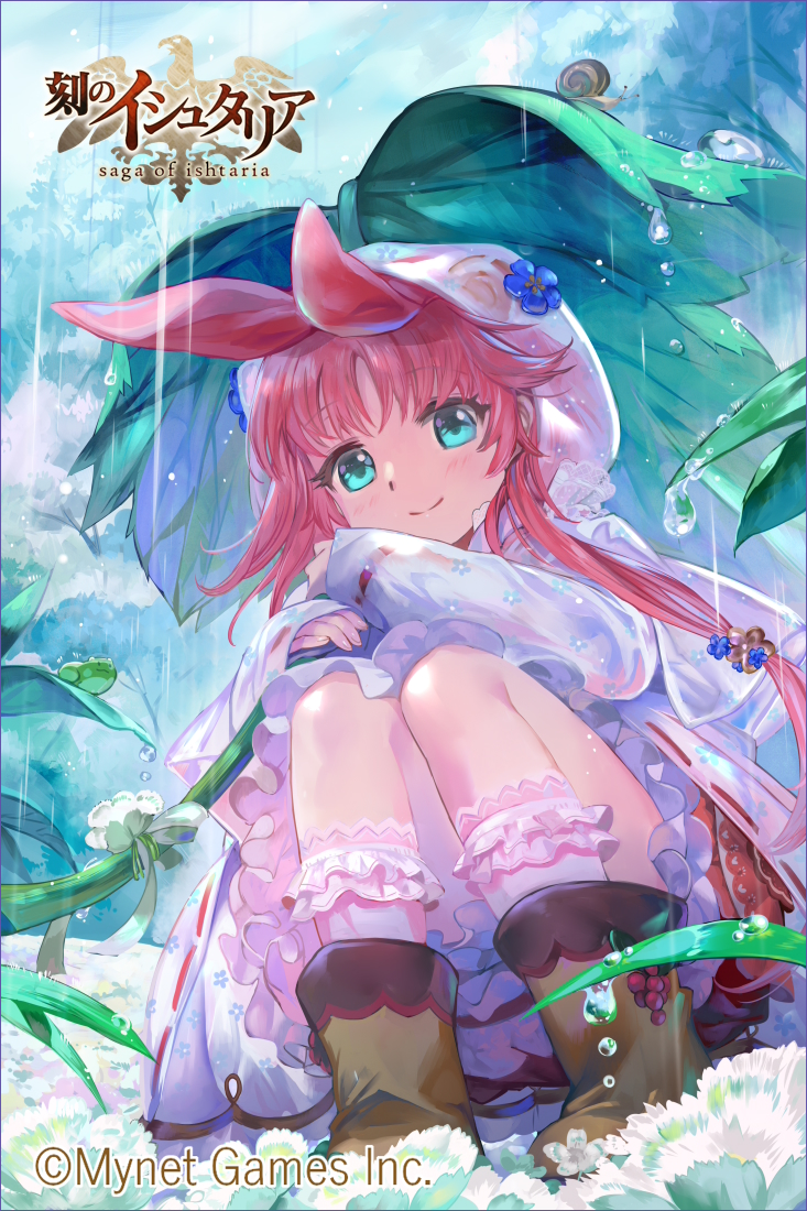 age_of_ishtaria animal_ears blue_eyes blue_flower blush boots cliff closed_mouth commentary_request day dress flower frog hair_flower hair_ornament hairclip leaf long_hair looking_at_viewer mizushirazu pink_hair plant rain raisin_(fruit) sitting smile snail tree watermark wet wet_clothes white_dress