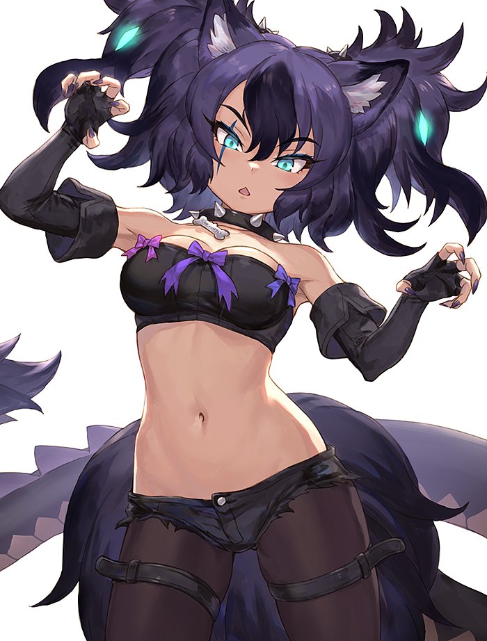 animal_ears bare_shoulders black_gloves black_hair blue_eyes breasts cerberus_(kemono_friends) chestnut_mouth claw_pose collar commentary_request cutoffs dog_ears elbow_gloves fingerless_gloves fingernails gloves guchico kemono_friends medium_breasts midriff multicolored_hair nail_polish navel pantyhose pantyhose_under_shorts purple_hair purple_nails scar scar_across_eye sharp_fingernails short_shorts shorts simple_background solo spiked_collar spikes strapless tail thigh_strap tubetop twintails two-tone_hair