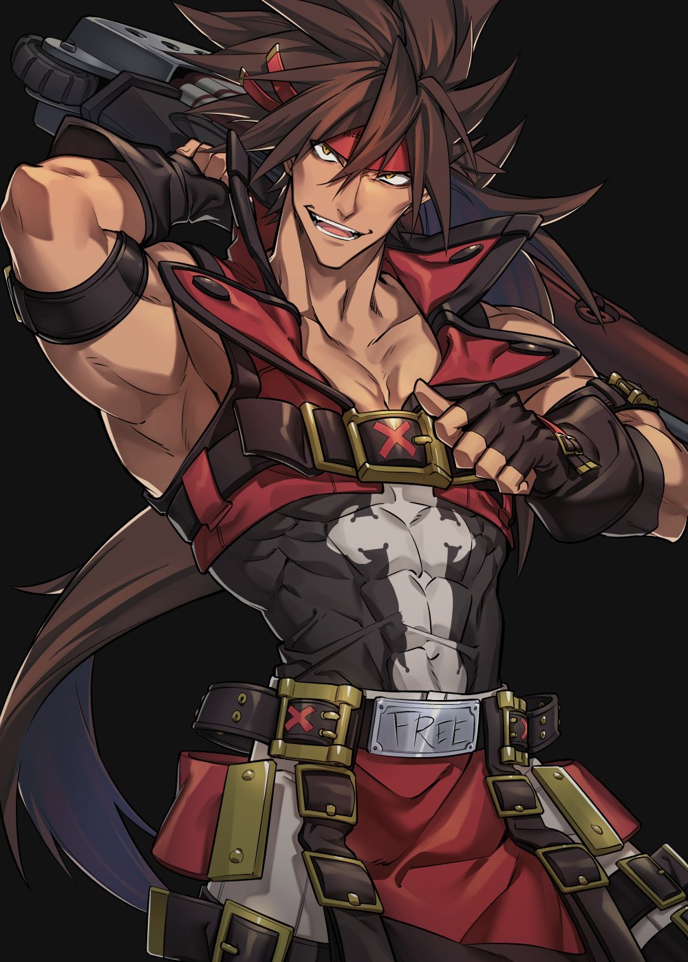 armband belt belt_buckle brown_hair buckle gloves guilty_gear headband highres holding holding_weapon long_hair muscle pointing pointing_at_self sol_badguy solo weapon westxost_(68monkey) yellow_eyes