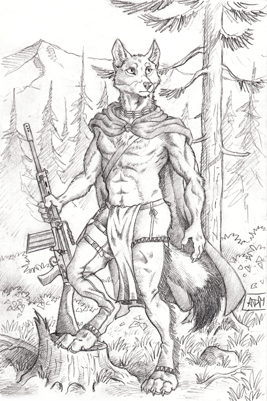 0laffson 2017 4_toes 5_fingers abs anthro barefoot canine day forest fur gun holding_object holding_weapon mammal outside ranged_weapon toes traditional_media_(artwork) tree weapon wolf