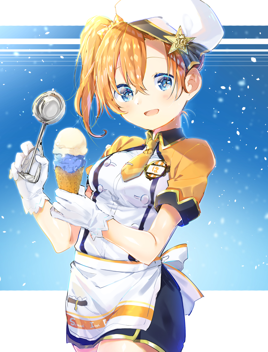 :d alternate_hairstyle apron bangs beret blue_background blue_eyes blue_skirt bow clothes_writing commentary_request double-breasted double_scoop food gloves hair_bow hat ice_cream ice_cream_cone ice_cream_scoop kousaka_honoka looking_at_viewer love_live! love_live!_school_idol_festival love_live!_school_idol_project miniskirt name_tag necktie open_mouth orange_hair orange_neckwear petals pop_(pochige) short_sleeves side_ponytail skirt smile solo star_hat_ornament tie_clip waist_apron white_gloves white_hat