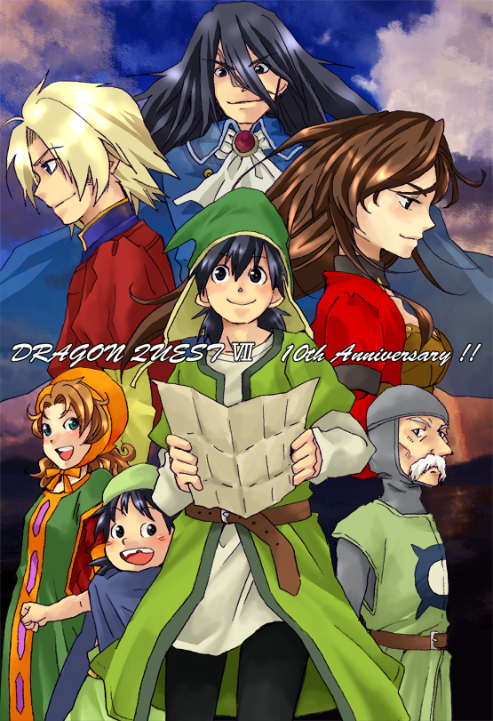 5boys aira_(dq7) anniversary belt black_eyes black_hair blonde_hair blue_cape blue_eyes breasts brown_belt brown_hair cape cheekbones closed_mouth cloud commentary_request curly_hair dragon_quest dragon_quest_vii dress fantasy gabo green_eyes green_tunic head_scarf hero_(dq7) karin_(karin85) kiefer long_hair long_sleeves looking_at_viewer loose_belt maribel_(dq7) missing_tooth multiple_boys multiple_girls old_man open_mouth puffy_short_sleeves puffy_sleeves short_hair short_over_long_sleeves short_sleeves smile smirk tareme tunic white_hair