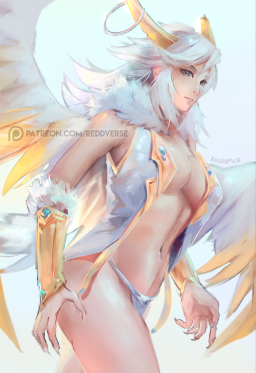 5_fingers angel armor breasts claws clothing demon digital_media_(artwork) feathered_wings feathers female gauntlets gloves hair halo horn humanoid looking_at_viewer navel not_furry patreon reddspice reddverse solo succubus underwear vest walking white_hair wings