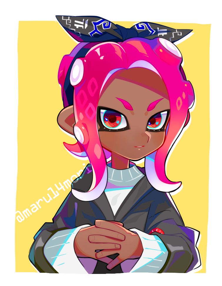 black_hairband dark_skin hairband interlocked_fingers long_hair long_sleeves looking_at_viewer o_(maru14mori) octarian octoling pink_hair red_eyes silhouette solo splatoon_(series) splatoon_2 suction_cups tentacle_hair twitter_username upper_body